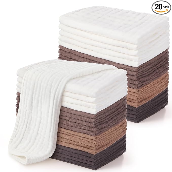 Buryeah Muslin 20 Pcs Burp Cloths Large 20" x 10" 100% Cotton 6 Layers Ultra Absorbent and Soft Hand Washcloths for Baby Drool and Messes Gentle Burp Cloth for Boys & Girls(Vintage Colors)