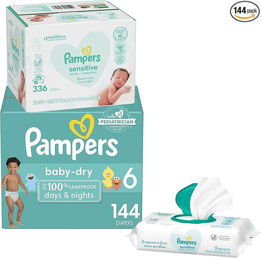 Diapers Size 6, 144 Count and Baby Wipes - Pampers Baby Dry Disposable Baby Diapers, ONE MONTH SUPPLY with Baby Wipes Sensitive 6X Pop-Top Packs, 336 Count (Packaging May Vary)
