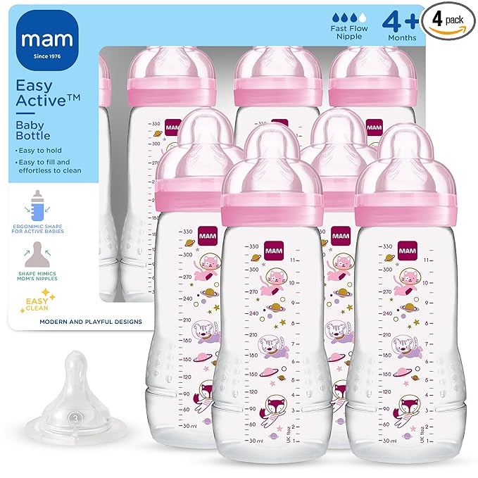 MAM Easy Active Baby Bottle 4 Pack, 11oz, BPA Free, Fast Flow Silicone Nipple, Anti-Slip Grip, Leak-Proof, 4+ Months, Purple Iris