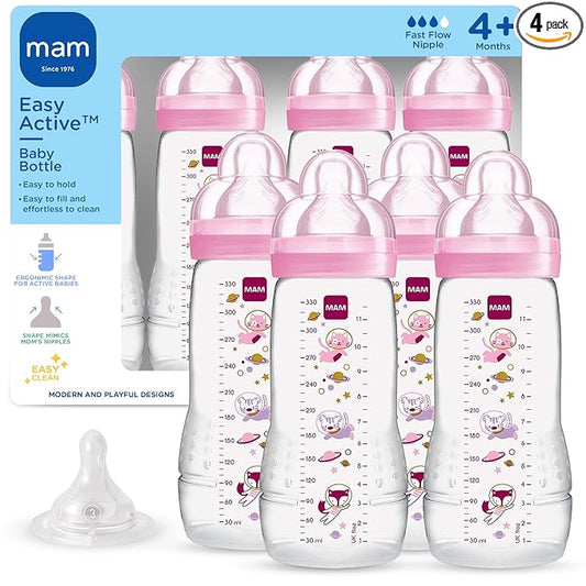 MAM Easy Active Baby Bottle 4 Pack, 11oz, BPA Free, Fast Flow Silicone Nipple, Anti-Slip Grip, Leak-Proof, 4+ Months, Purple Iris