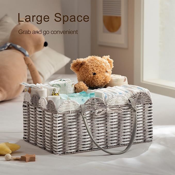 HBlife Large Baby Diaper Caddy, Paper Rope Storage Baskets Nursery Bin with Removable Divider, Portable Car Organizer for Diapers, Baby Shower Gifts, Newborn Essentials Must Haves