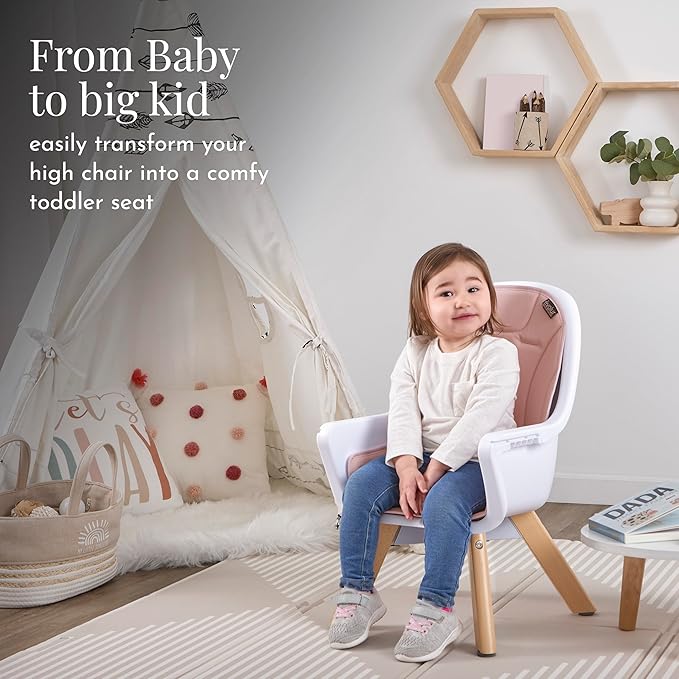 Evolur Zoodle 2-in-1 High Chair for Baby & Toddler – Convertible High Chair to Toddler Chair, Padded Seat, 5-Point Safety Harness, Dual Dishwasher-Safe Trays, Solid Beechwood Legs – Pink