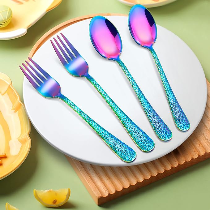 LIANYU 14-Piece Kids Silverware Set, Rainbow Toddler Utensils Flatware Set, Stainless Steel Child Preschooler Cutlery, Includes 7 Spoons and 7 Forks for Kids, Dishwasher Safe