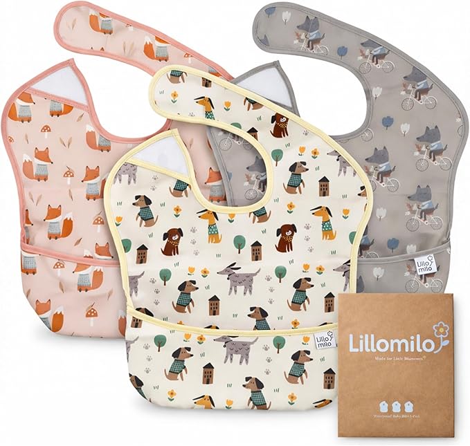 Waterproof Baby Bibs for Eating 3-Pack | Toddler Bibs with Food Catcher | Machine Washable Bibs, Lightweight | Infants & Toddlers 6-36 Month, CPSIA Tested, Animal Design (White, Pink, Grey)
