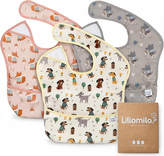 Waterproof Baby Bibs for Eating 3-Pack | Toddler Bibs with Food Catcher | Machine Washable Bibs, Lightweight | Infants & Toddlers 6-36 Month, CPSIA Tested, Animal Design (White, Pink, Grey)