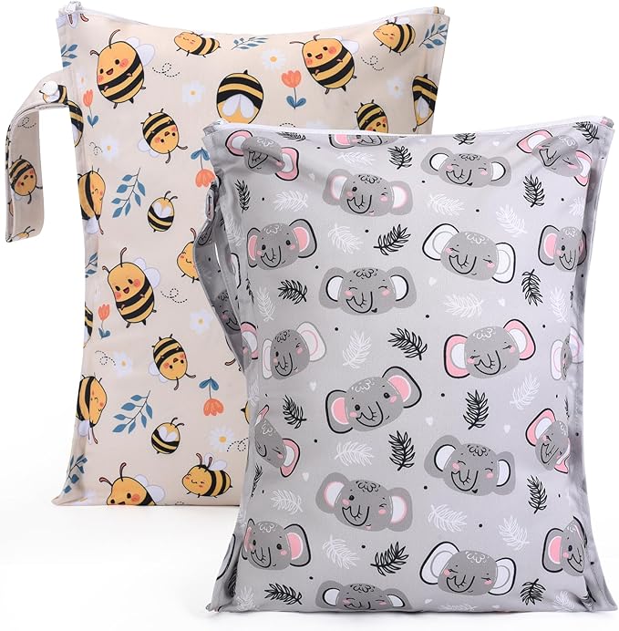 2pcs Baby Diaper Mess-proof Wet Bags,Waterproof Reusable Travel Storage Stroller Daycare Soiled Items Beach Pool Yoga Gym Bag for Wet Toddler Swimsuits -Bee,Elephant