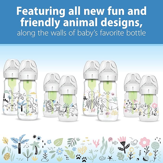 Dr. Brown's Anti-Colic Options + Wide-Neck Baby Bottle Designer Edition Dino Decos, 9oz/270mL, Level 1 Slow Flow Nipple, BPA-Free, 0m+, 2-Pack