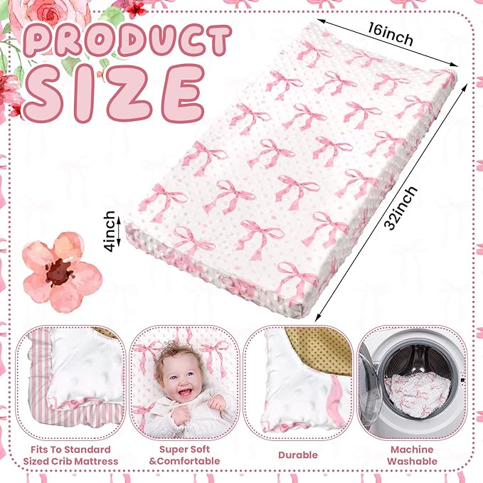 SmoothNovelty 3 Pcs Pink Bow Baby Changing Pad Covers, Flowers Changing Table Cover for Girls, 32 x 16 in Minky Table Sheets, Soft Velvet Nursery Decor, Baby Items