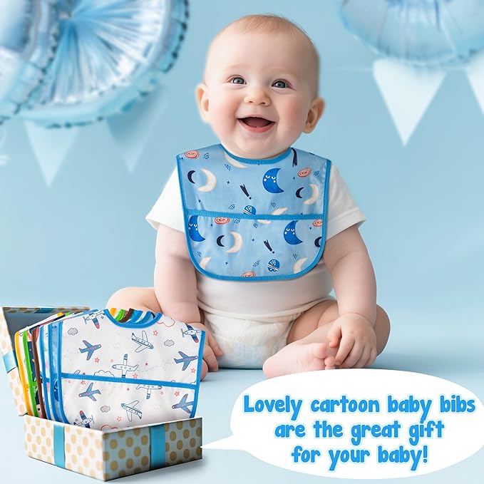 6Pcs Baby Bibs for Eating Toddler Adjustable Feeding Bibs with Crumb Catcher Pocket Waterproof Sleeveless Teething Plastic Food Bib Set Infant Keepsake Gift for Baby Shower, 6-24 Months