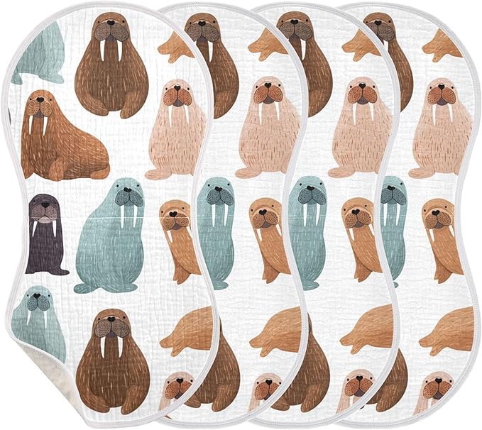 Sea Cute Walrus Burp Cloths Baby Boys Girls Absorbent Soft Cotton Burping Cloths Rags 4 Pack