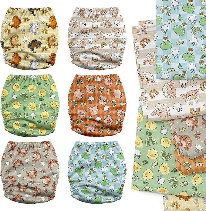 Mama Koala 3.0 Cloth Diapers for Babies with AWJ Lining, 6 Pack with 6 5-Layer Natural Cloth Diaper Inserts - Reusable and Washable Pocket Diapers(A-Farm Animals)