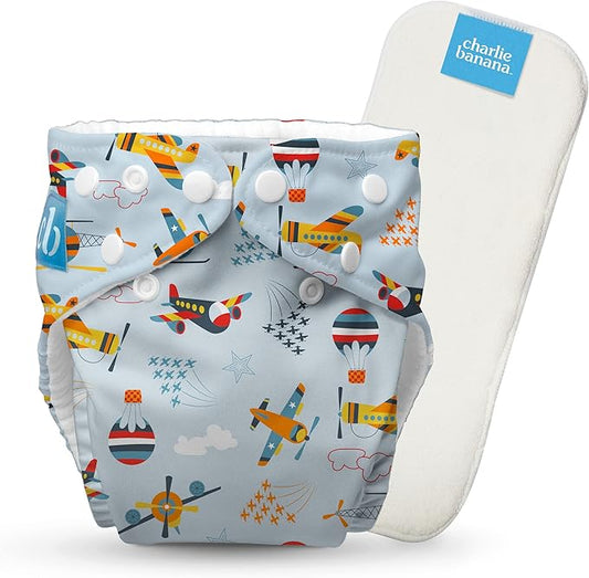 Charlie Banana Cloth Diapers, Reusable, Washable, Adjustable One Size Diaper, for Babies and Toddlers, with Absorbent Insert - Aviator, 1 Pack