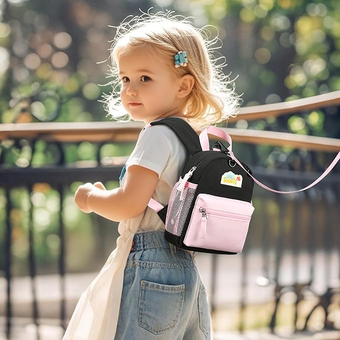 Mini Backpacks for Toddler Girls 9 inch Bookbag Purse with Baby Leash Backpack for Kids 1-2 (Black and Pink)