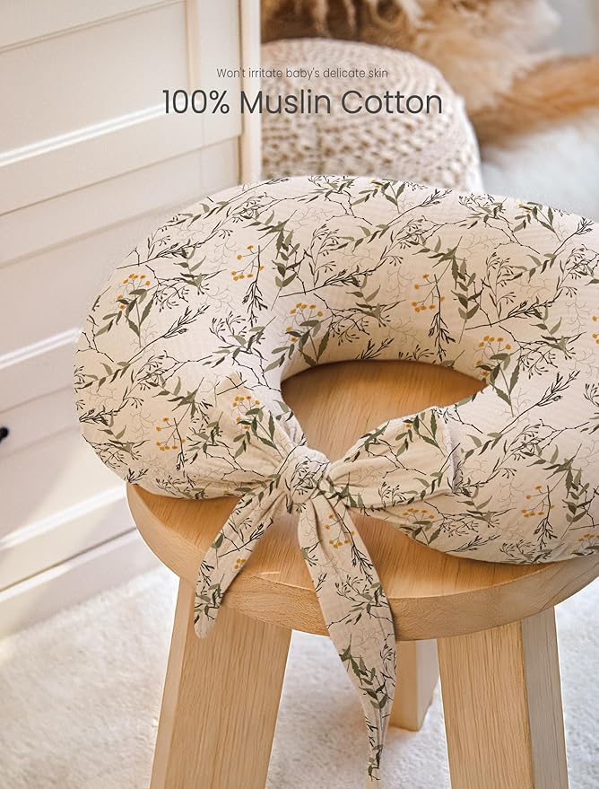 lulumoon Muslin Nursing Pillow Covers - 2-Pack Cotton Slipcovers for Breastfeeding Pillow - Extended Adjustable Strap for Secure Fit & Stable Support - Hidden Zipper Safety for Bottle-Feeding