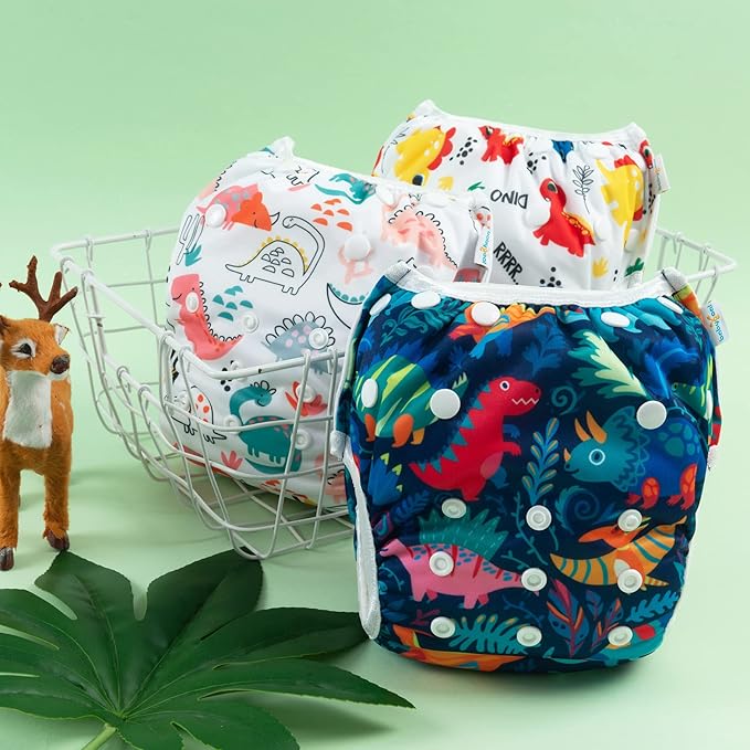 Babygoal Baby Swim Diapers 3 Pack for 0-8 Months Infant Girls and Boys, Reusable Adjustable Washable for Swimming Lessons-Dinosaurs