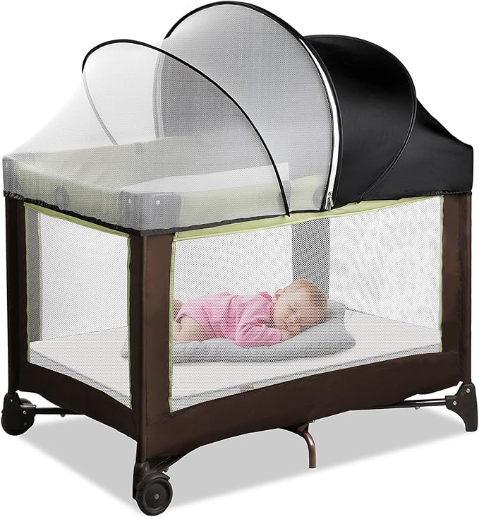 Pack N Play Tent Cover & Bassinet Canopy - Half-Blackout Breathable Mosquito Net with 2-Way Zipper for Bassinet, Travel Crib, Mini Crib & Playpen to Keep Cats Out (Black-Large)