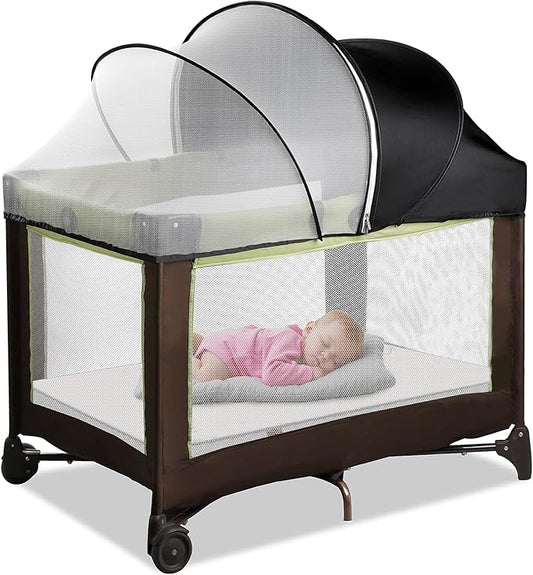 Pack N Play Tent Cover & Bassinet Canopy - Half-Blackout Breathable Mosquito Net with 2-Way Zipper for Bassinet, Travel Crib, Mini Crib & Playpen to Keep Cats Out (Black-Large)