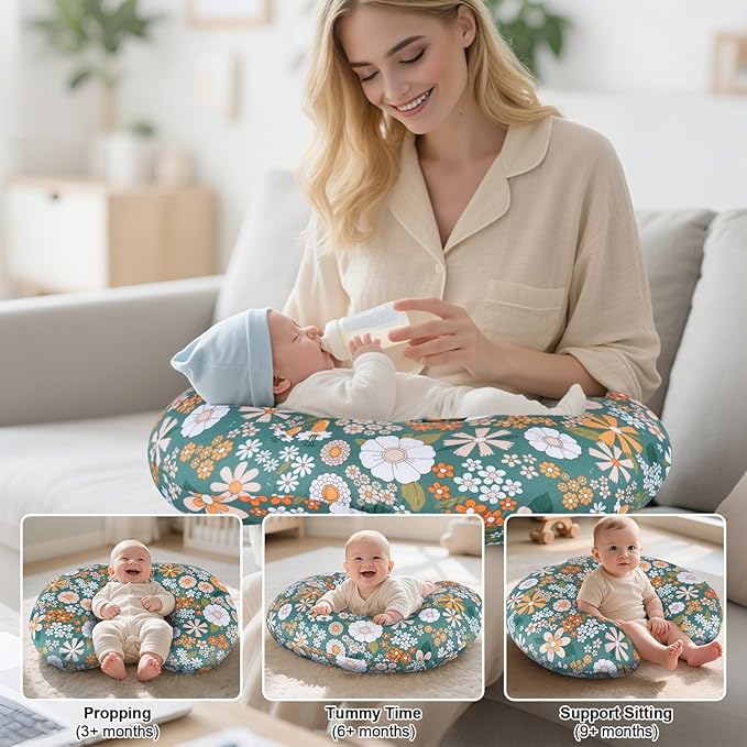 Ergonomic Nursing Pillow for Breastfeeding & Bottle Feeding, Breastfeeding Pillow to Reduce Back Neck Strain, Suitable for Breastfeeding Mom & Baby, Washable Cotton Cover(Flower Green)