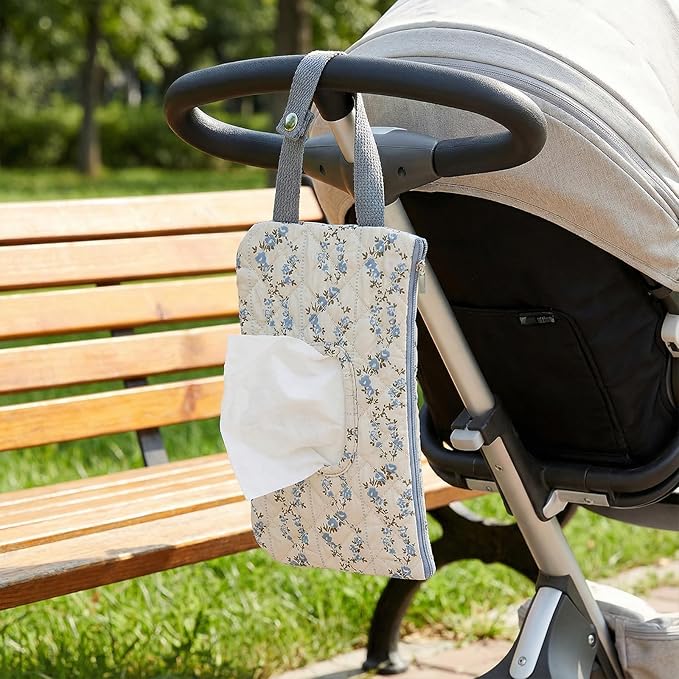 Quilted Baby Wipe Holder, Canvas Floral Quilted Pouch with Hanging Strap, Portable Diaper Wipe Holder for Travel Stroller-Blue Flower