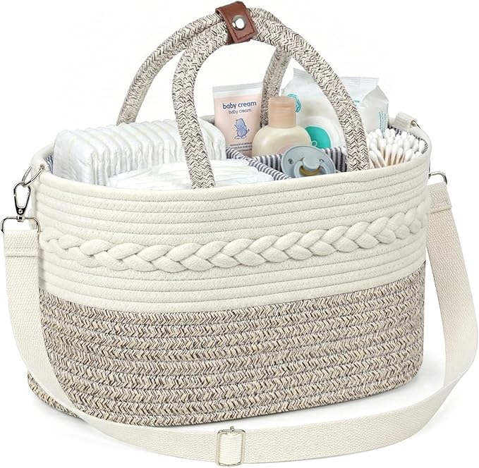 Baby Diaper Caddy Organizer With Handle, Cotton Rope Baby Shower Basket, Large Diaper Caddy with Shoulder Straps for Newborn Parents, Home and Car Travel, 14.5"x8.5"x7.5