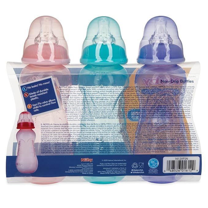 Nuby Non-Drip Standard Neck Bottles, 10 Ounce, Girls