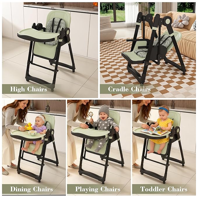Baby High Chair Convertible to Rocker with 5-Point Harness Belt, Foldable Infant Feeding Seat with Silent Locking Wheels & Removable 2-Tier Easy-Clean Tray for 6 Months - 4 Years (Green)