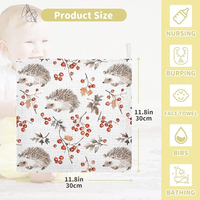 vvfelixl Baby Muslin Washcloths Forest Hedgehog Baby Burp Cloths Cotton Babys Face Towel for Newborn Infants Boys Girls Soft and Absorbent 11.8 X 11.8 in, 3 Pack