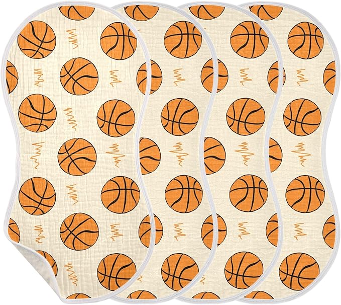 Muslin Burp Cloths for Baby Boys and Girls - 4-Pack Ultra Absorbent Basketball Muslin Washcloths, Newborn Towel, Milk Spit Up Rags, Burp Cloth Bib for Unisex, 22 x 11 Inch