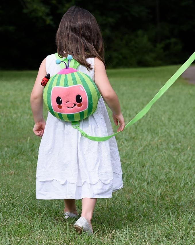 AI ACCESSORY INNOVATIONS Cocomelon Plush Watermelon Toddler Backpack with Detachable Safety Leash, Anti Lost Safety Harness 10” Bag for kids