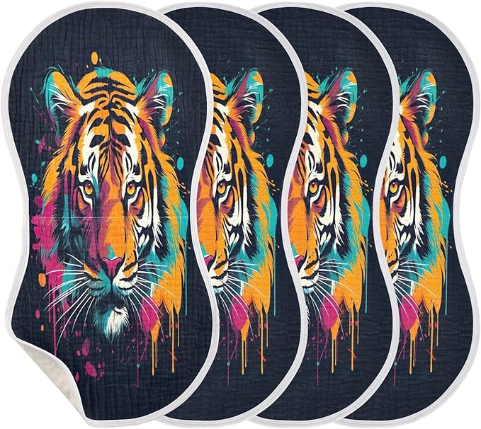 4 Pack Muslin Burp Cloths Tiger Black Print Cotton Baby Burp Cloths Absorbent Soft Burping Cloth Washcloths for Newborn Babies 22x11 Inch