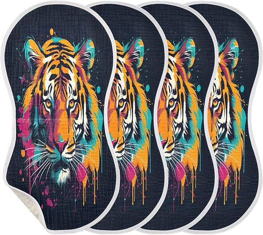 4 Pack Muslin Burp Cloths Tiger Black Print Cotton Baby Burp Cloths Absorbent Soft Burping Cloth Washcloths for Newborn Babies 22x11 Inch