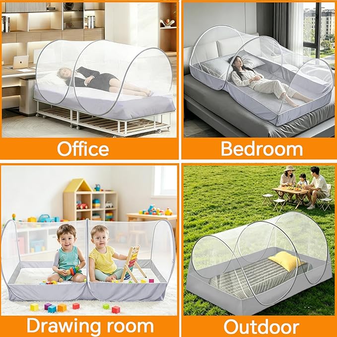 CMINGJ Foldable Mosquito Net Tent Portable Mosquito Net Pop-Up Travel Mosquito Net for Bed Free Installation-Suitable for Baby Adults Bedroom, Camping, nap, Patio (Large-Side Zipper(White net))