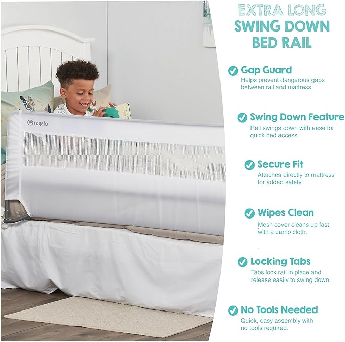 Regalo Safety 54” Extra Long Bed Rail Guard for Toddlers, Swing Down Toddler Bed Rail with Reinforced Anchor Safety System, 20” Tall Bed Safety Rail, Fits Twin, Full & Queen Beds