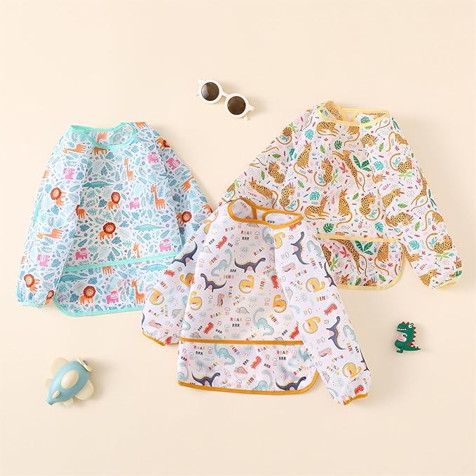 Long Sleeved Bibs, Pack of 5,Lightweight Waterproof Shirt Bibs for Baby Toddler 6-30 Months