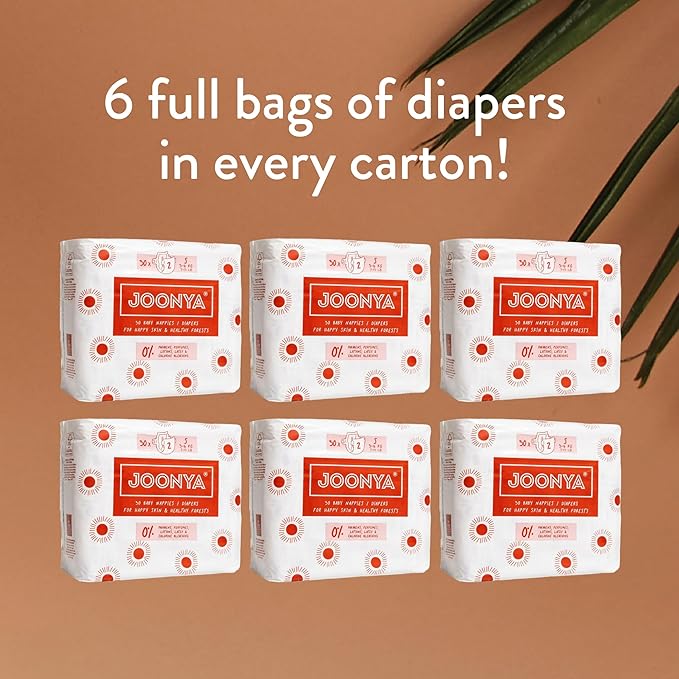 Joonya Baby Diapers, Size 2 S (7-13 lb) - 6 Bags of 30 (180) - Non Toxic, Eco-Friendly, High Absorbency, Overnight Use, Ultra Slim & Soft - Made in Denmark