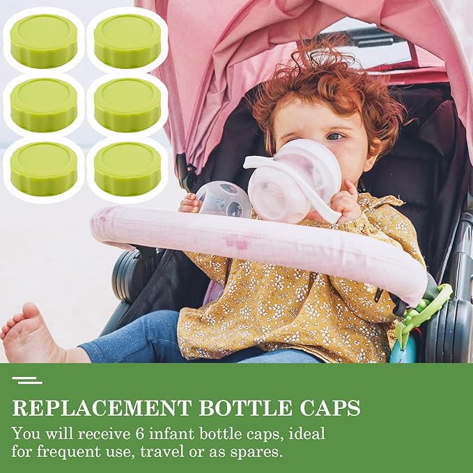 6pcs Baby Bottle Caps with Sealing Gasket, Travel and Storage Bottle Lids Airtight Replacement Caps for Wide Neck Glass Bottles (Green)