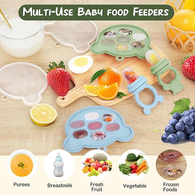 Baby Breastmilk Popsicle Molds & Babies Fruit Feeder (4 Pack), Infant Food Freezer Tray Storage Containers, Silicone Teething Pacifier Feeder and Teether for Babies,Baby Feeders（Green）