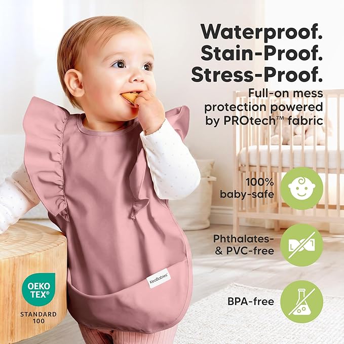 KeaBabies Waterproof Bibs for Baby Girl,Boy – 2-Pack Lightweight, Large Baby Bibs for Eating, Wearable Food Catcher, 6-12 Months Infant Feeding Essentials, Smock for Toddlers 1-3, Kids (Dusk)