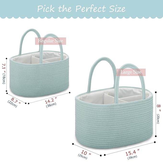 COMSE Large Baby Diaper Caddy Organizer for Girl Boy, Car Caddy with Handles, Cotton Rope Basket for Changing Table, Nursery Organizer, Gift for Baby Shower and Registry Must Have, Light Green