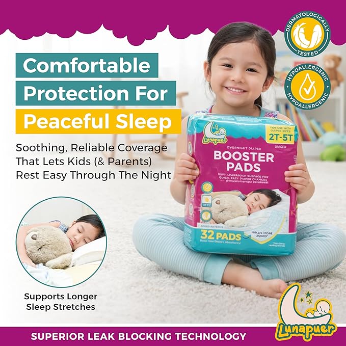 Diaper Booster Pads Overnight, Stop Leaks Nighttime, Overnight Diaper Liners for Baby, Toddler, Boys & Girls, Adhesive Diaper Inserts, Size 5 Diapers and up, 96 ct (3 Packs)