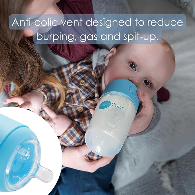 PopYum 9 oz Blue Anti-Colic Formula Making/Mixing/Dispenser Baby Bottles, 3-Pack with #2 Medium Flow Nipples, 260 ml, BPA-Free, Natural Latch