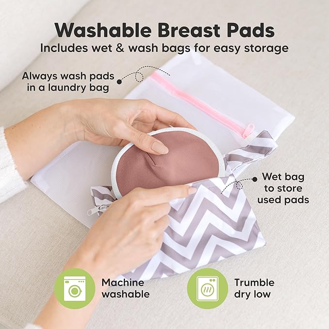 Organic Breast Pads - 14 Viscose Derived from Bamboo Washable Pads + Wash Bag, 3-Layers Breastfeeding Nipple Pad for Maternity, Reusable Nipplecovers for Breast Feeding(Lovelle Lite, M 4.6")