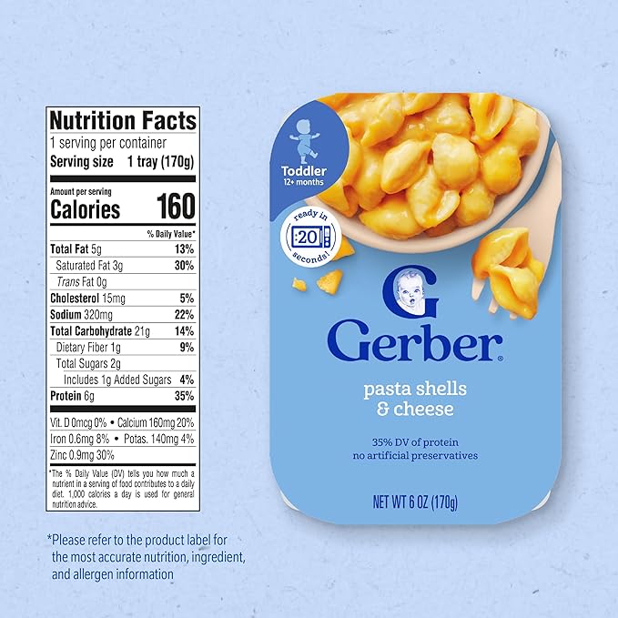 Gerber Toddler Food, Pasta Shells & Cheese, Mealtime for Toddler, 6PK