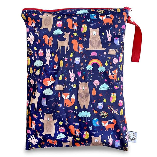 FLOCK THREE Washable and Reusable Wet Bag Diaper Bag Water Resistant Swimming Bag Travel Toiletries Pouch Cute Animals Zippered 12.6'' x 16.5''