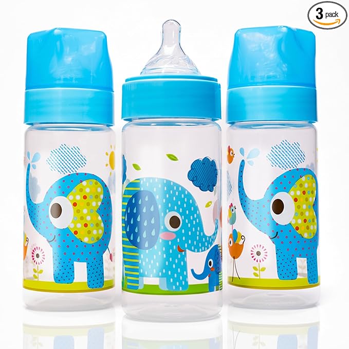 Avima Baby 9 oz Anti Colic Baby Bottles for Breastfed Babies - Medium Flow Nipples, Wide Neck Bottle, BPA Free - 3-6 Months, Stage 2 (Set of 3) Blue Baby Bottle - Elephants