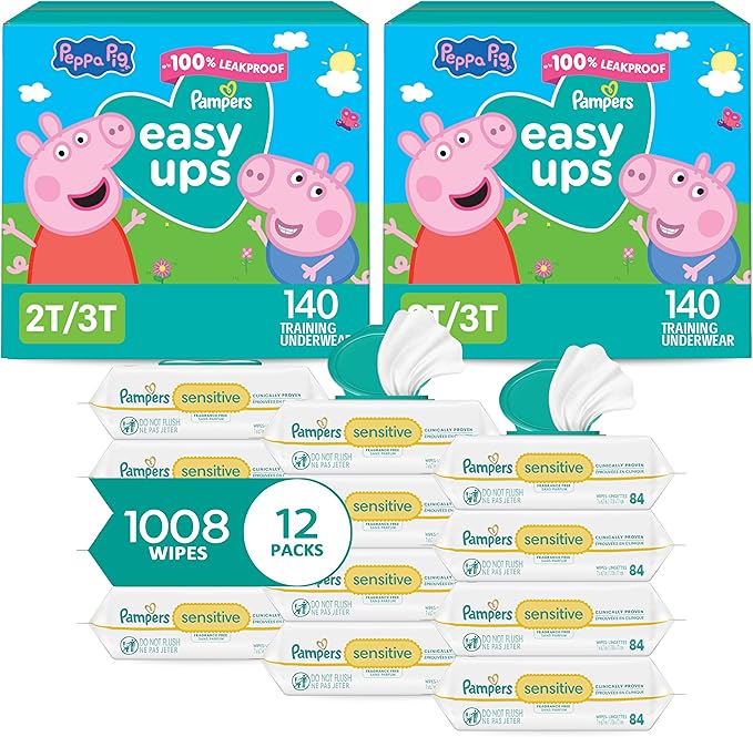 Pampers Easy Ups Pull On Training Underwear Girls, 2T-3T, 2 Month Supply (2 x 140 Count) with Sensitive Water Based Baby Wipes 12X Multi Pack Pop-Top and Refill (1008 Count)