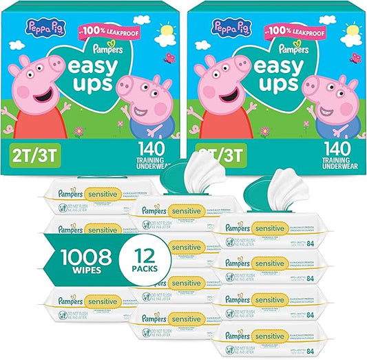 Pampers Easy Ups Pull On Training Underwear Girls, 2T-3T, 2 Month Supply (2 x 140 Count) with Sensitive Water Based Baby Wipes 12X Multi Pack Pop-Top and Refill (1008 Count)