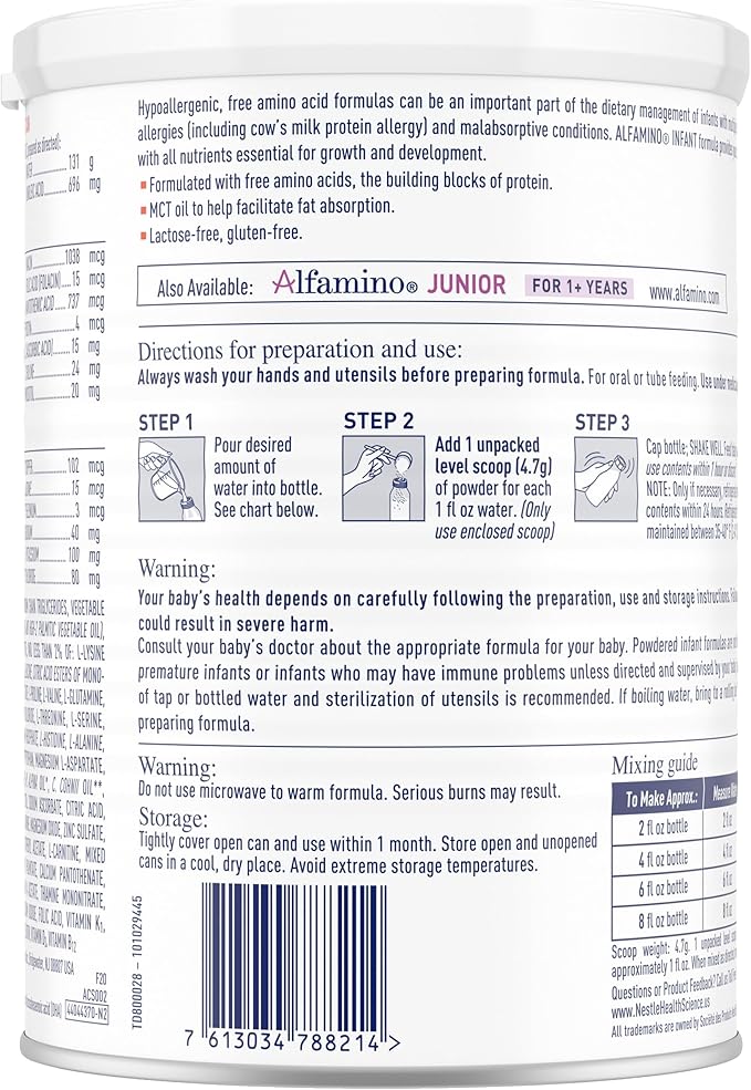 Alfamino Infant Formula, Hypoallergenic Amino Acid Based Infant Formula with Iron, For Multiple Food Allergies, 0-12 Months, 14.1 Ounce (Pack of 1)
