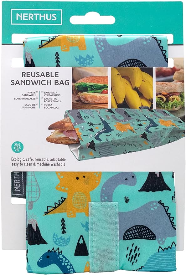 NERTHUS FIH 881 Reusable Dinosaur Snack Bag, Eco-Friendly, Adaptable, Easy to Clean and Washable