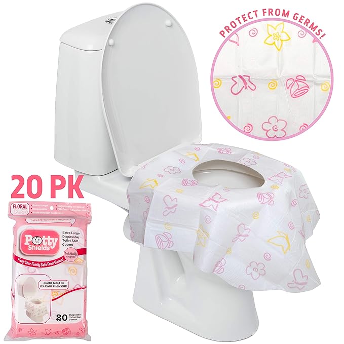 Potty Shields Toilet Seat Covers Disposable (20 Pack, Floral) - XL Waterproof Toilet Cover for Toddlers, Kids & Adults - Portable & Individually Wrapped for Travel, Potty Training & Public Restrooms